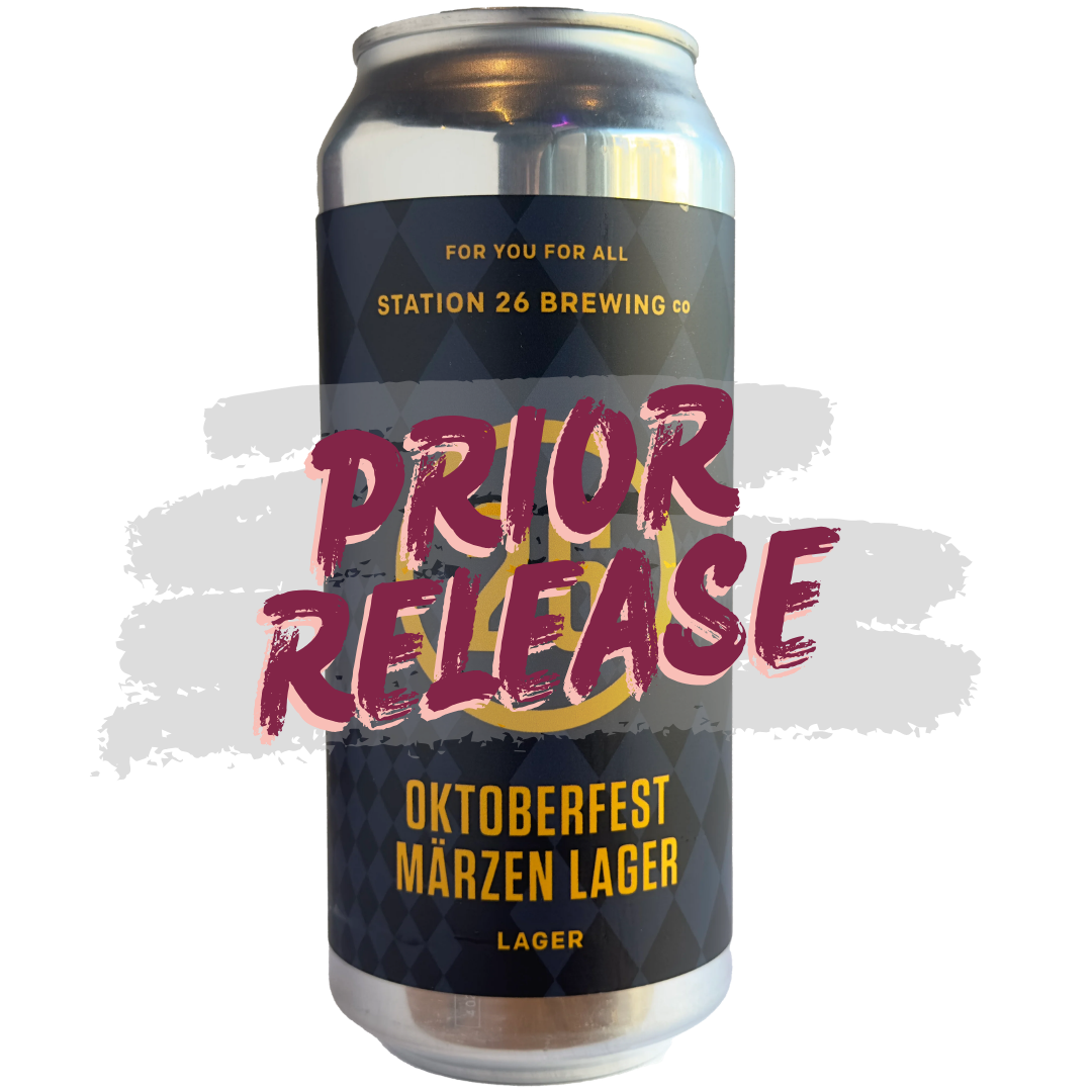 A can of Station 26 Brewing Co. 'Oktoberfest' Marzen Lager with a navy blue and gold color scheme, indicating it is a craft beer product.