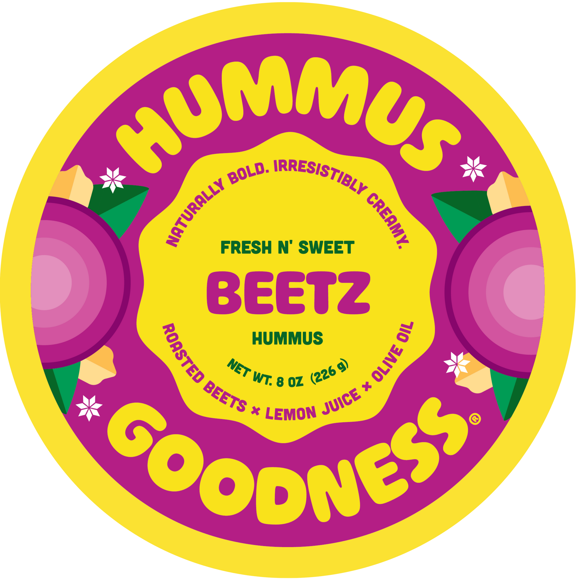 Hummus container with 'Fresh N' Sweet Beetz Hummus' branding on a white background