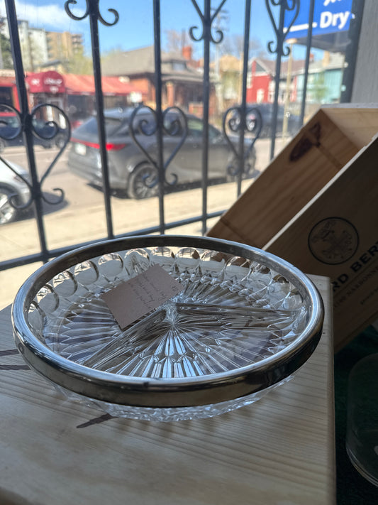 Vintage Leonard Italy Crystal Relish Tray with Silver Plated Rim