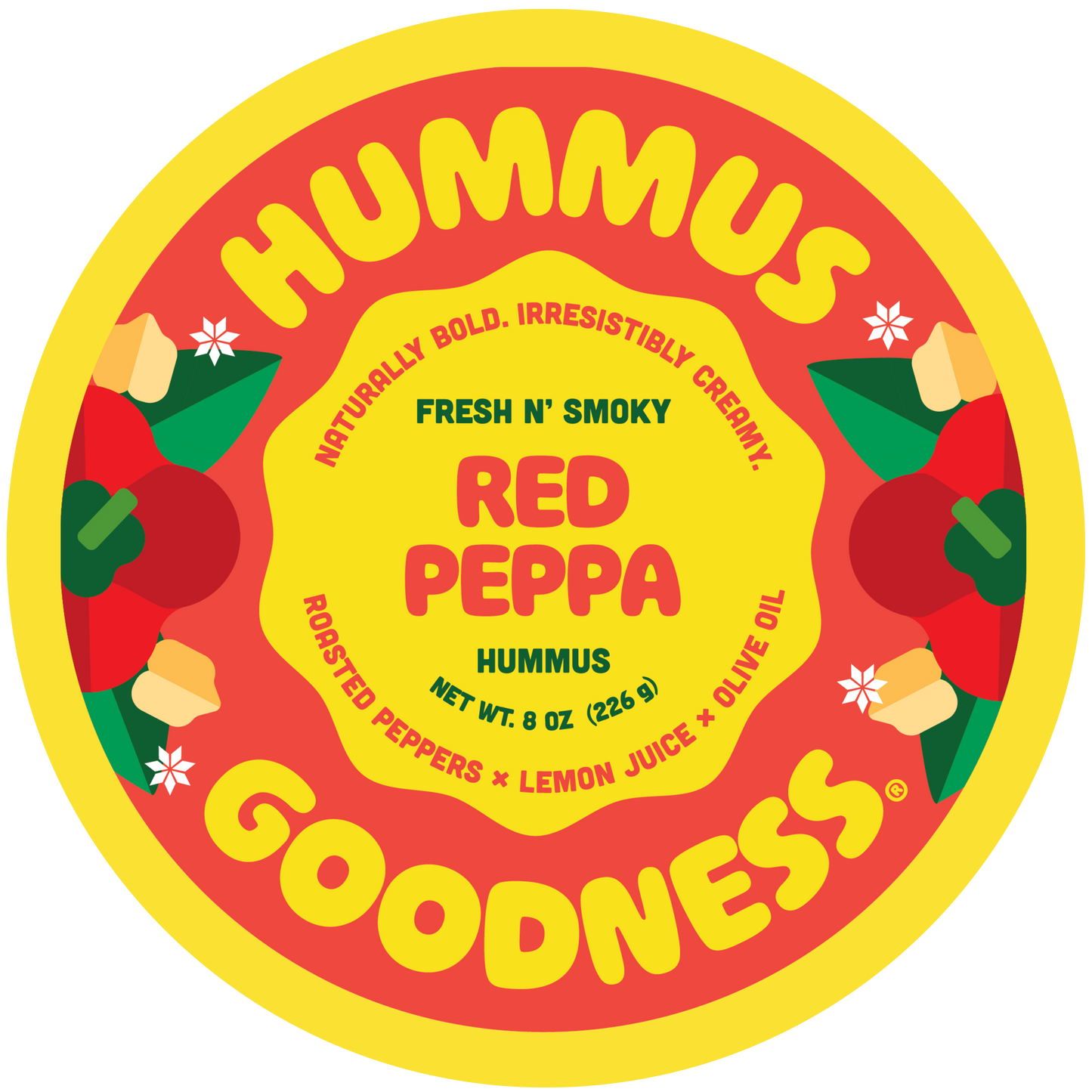 Hummus container with red and yellow design featuring roasted peppers and lemon juice.