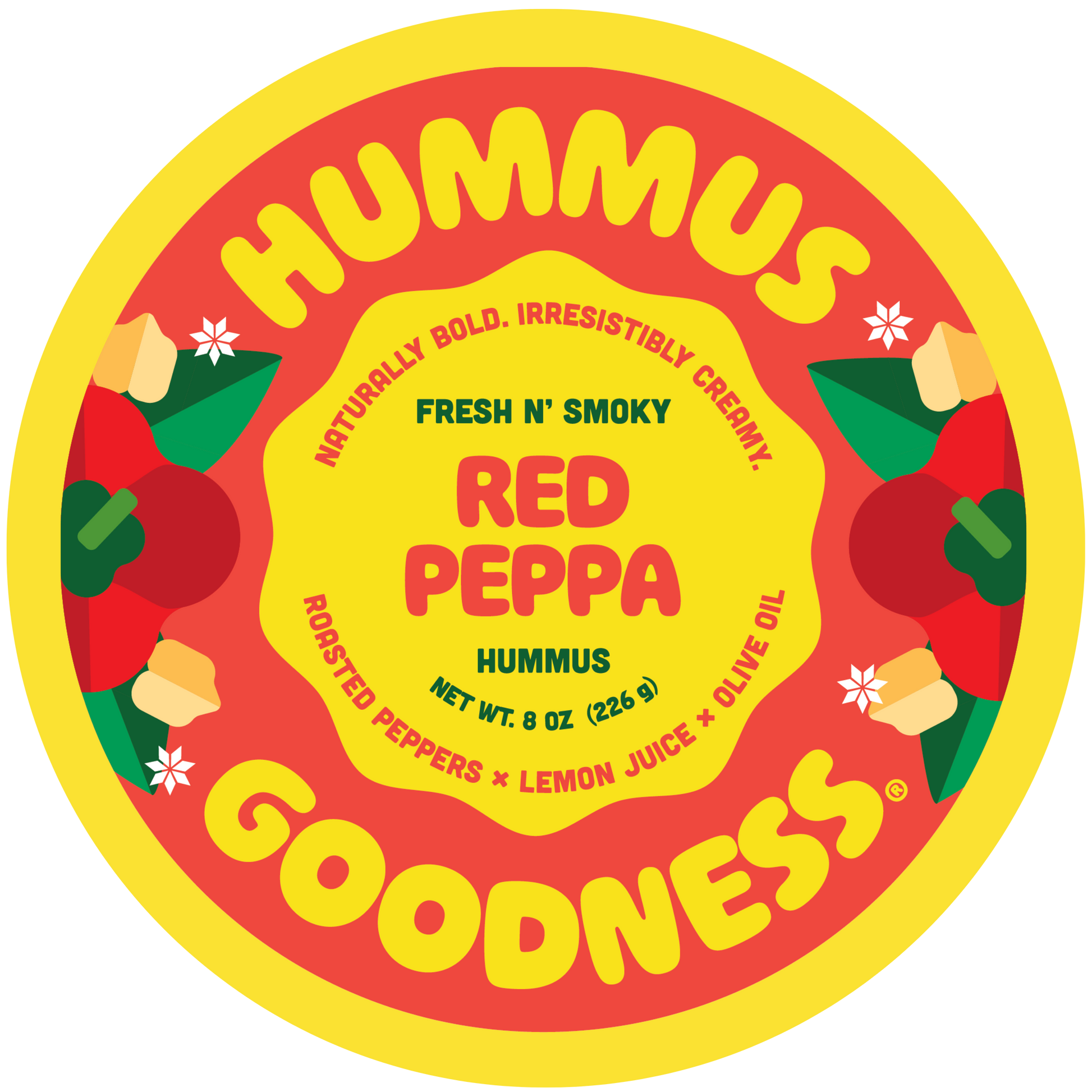 Hummus container with red and yellow design featuring roasted peppers and lemon juice.