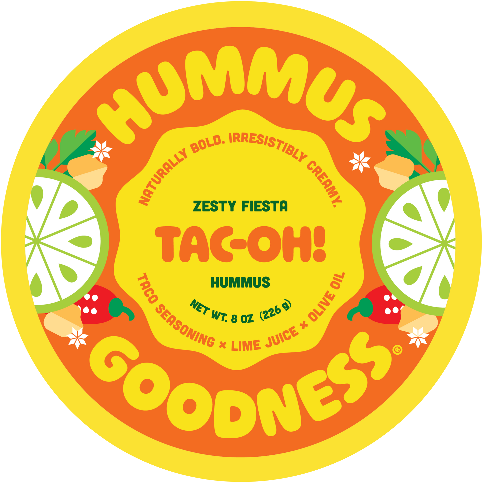 Hummus container with 'TAC-OH!' flavor on a white background