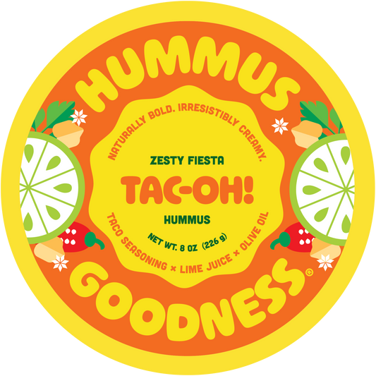 Hummus container with 'TAC-OH!' flavor on a white background