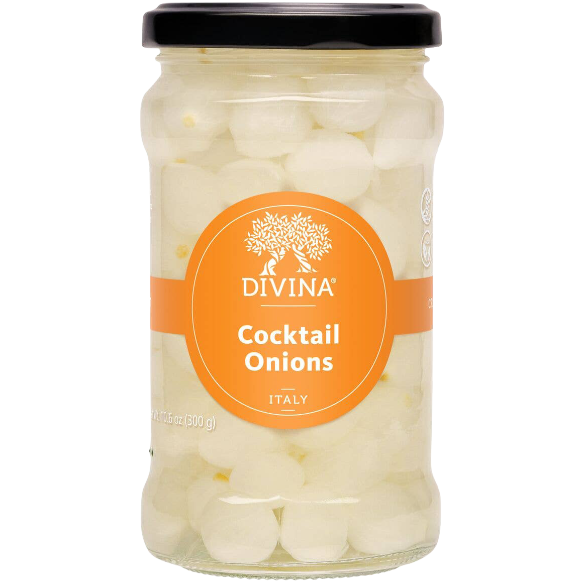 Jar of Divina Cocktail Onions on a white background