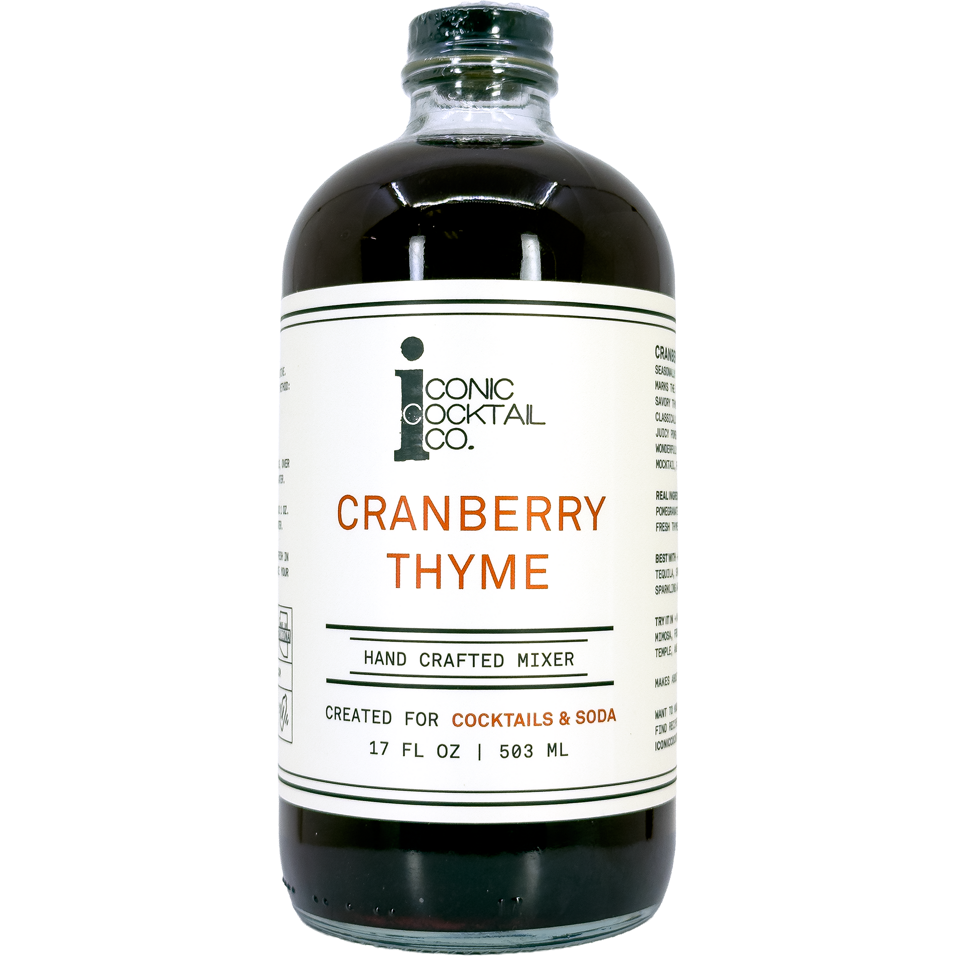 Bottle of Cranberry Thyme mixer from Iconic Cocktail Co. on a white background