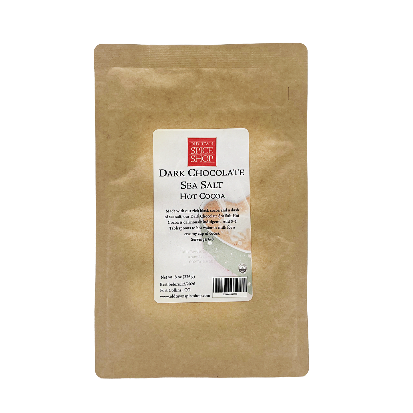 Brown package of Dark Chocolate Sea Salt Hot Cocoa with a label on a white background