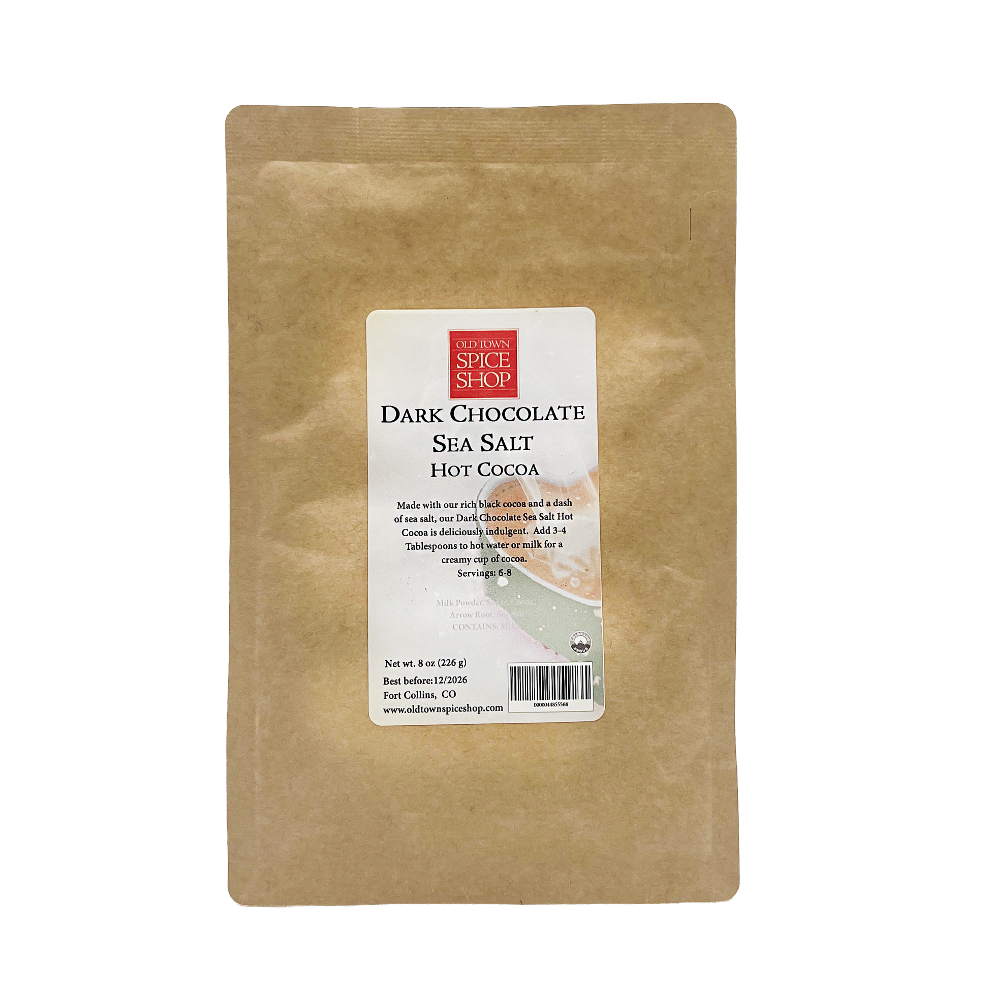 Brown package of Dark Chocolate Sea Salt Hot Cocoa with a label on a white background