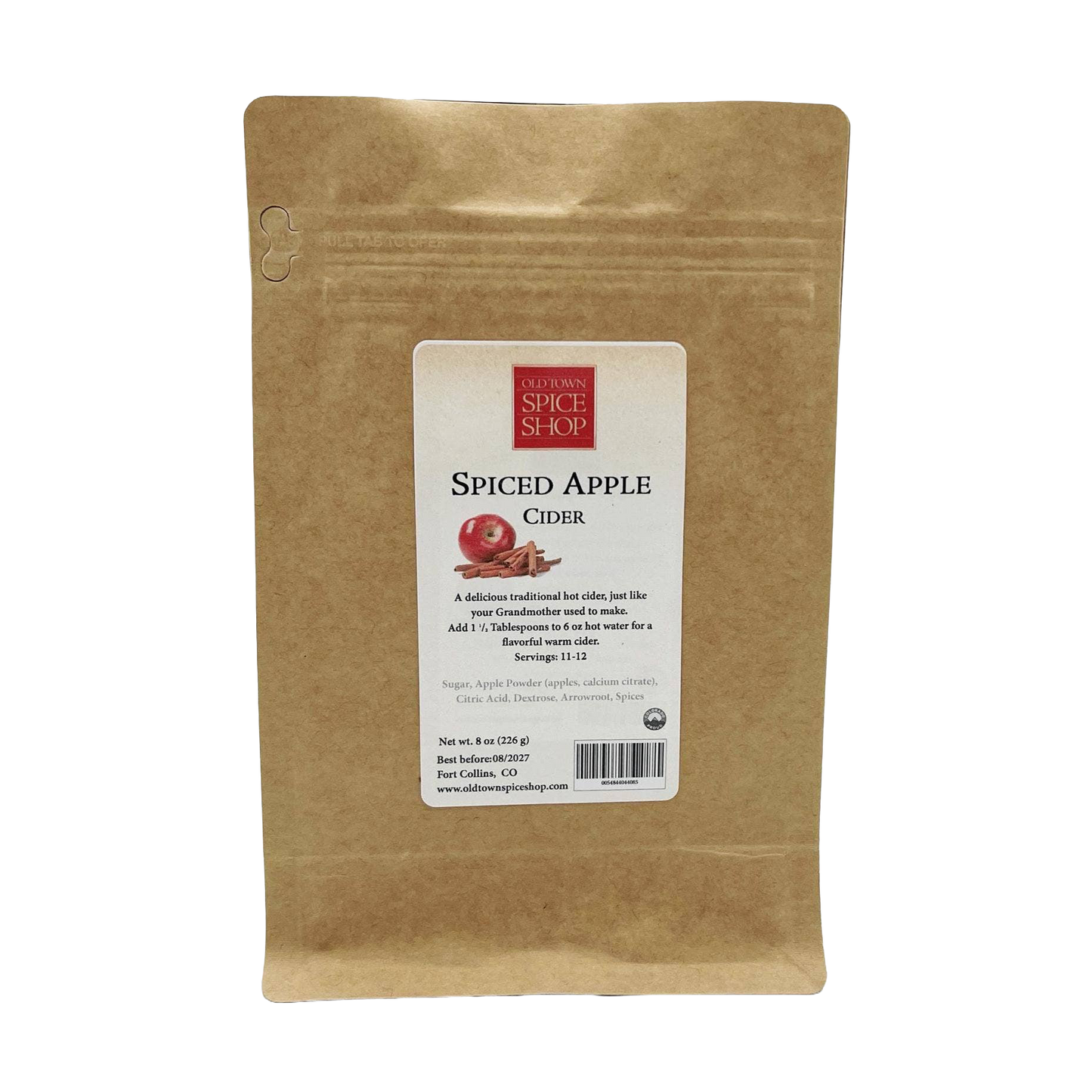 Kraft paper package of Spiced Apple Cider from Old Fashioned Spice Shop on a white background