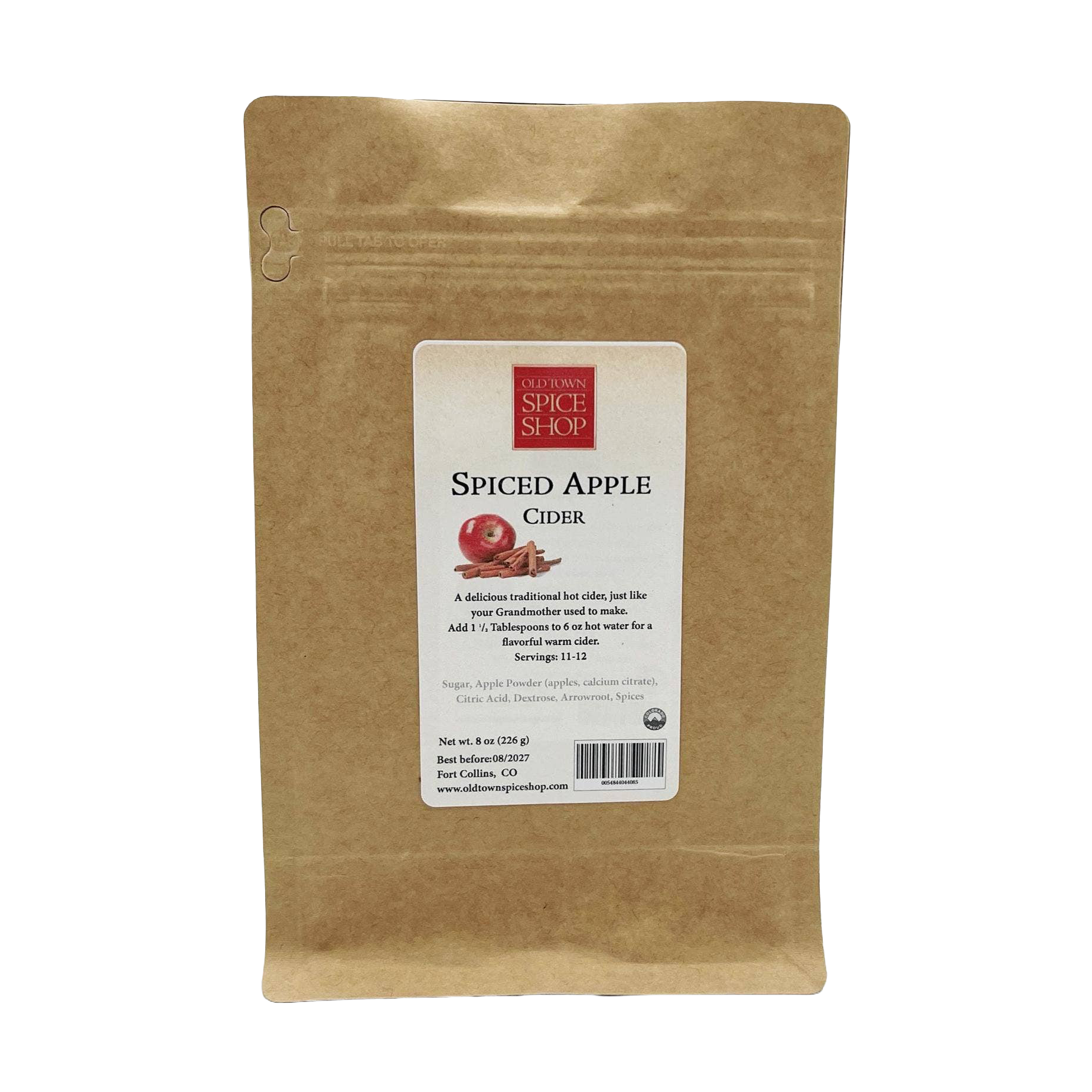 Kraft paper package of Spiced Apple Cider from Old Fashioned Spice Shop on a white background
