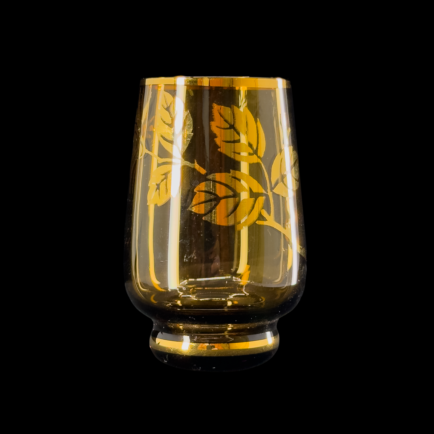 Vintage Mid Century Bohemia Glass Smoked Amber Gold Leaf Decanter with 6 Shot Glasses