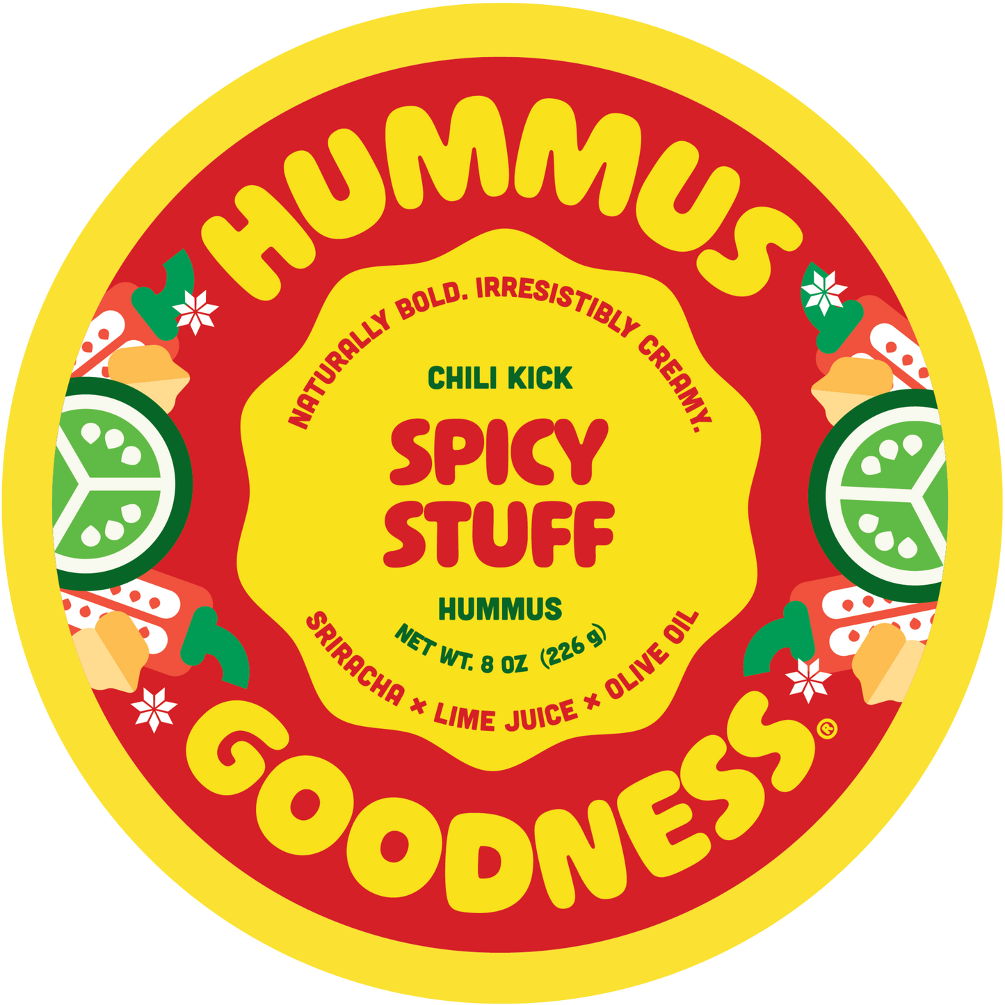 Hummus container with 'Spicy Stuff' flavor on a red and yellow background