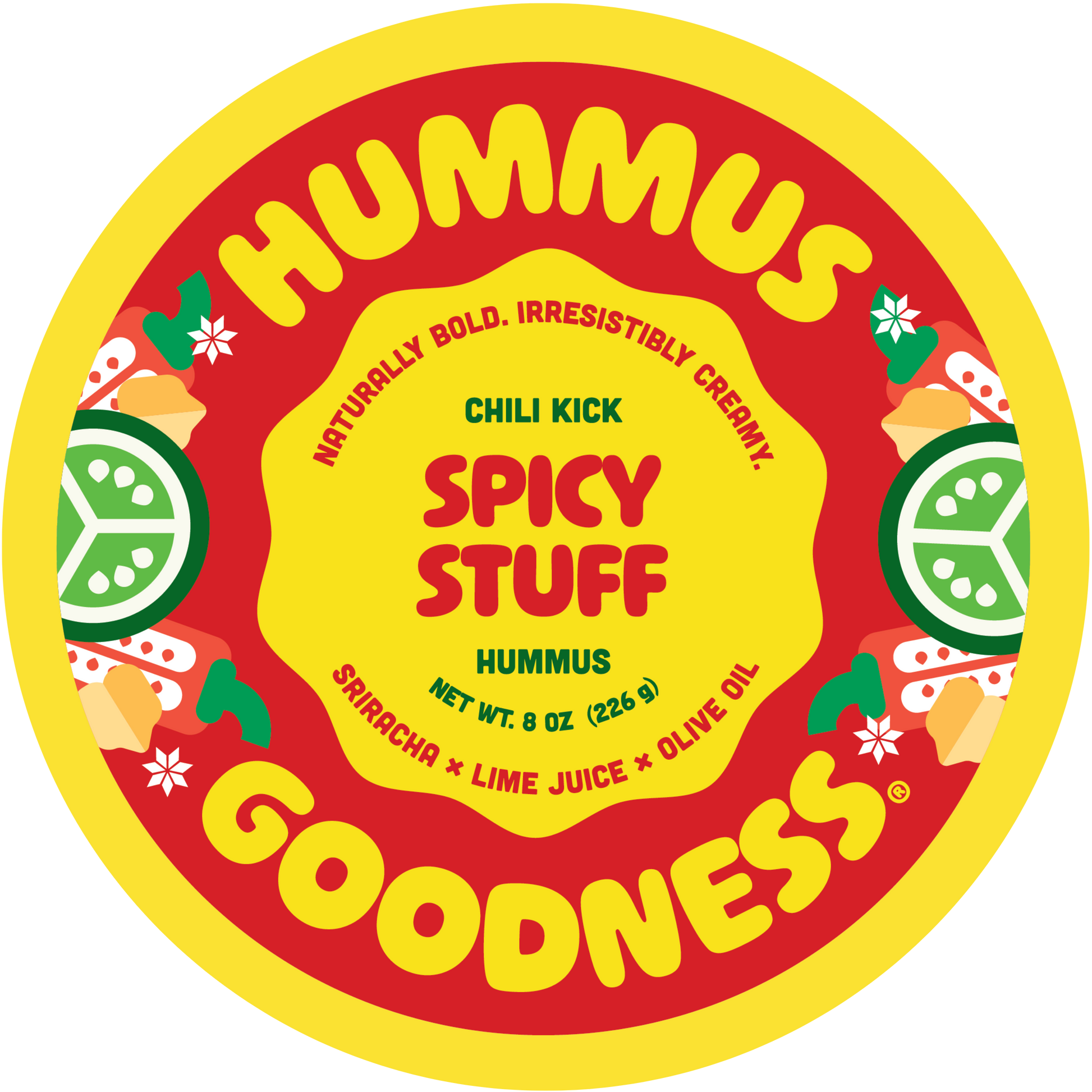 Hummus container with 'Spicy Stuff' flavor on a red and yellow background